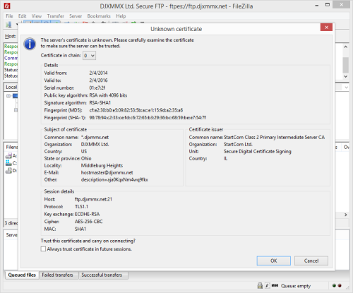 FileZilla Certificate Verification